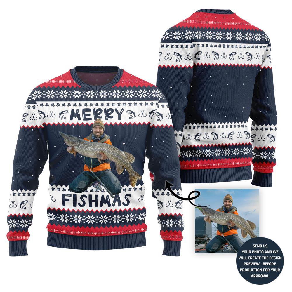 Navy Merry Fishmas sweater with a photo of an angler in an orange vest holding a pike