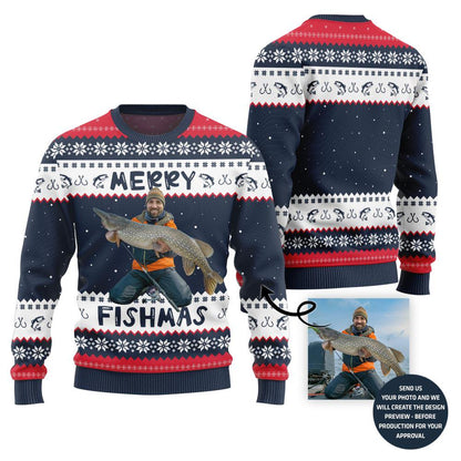 Navy Merry Fishmas sweater with a photo of an angler in an orange vest holding a pike