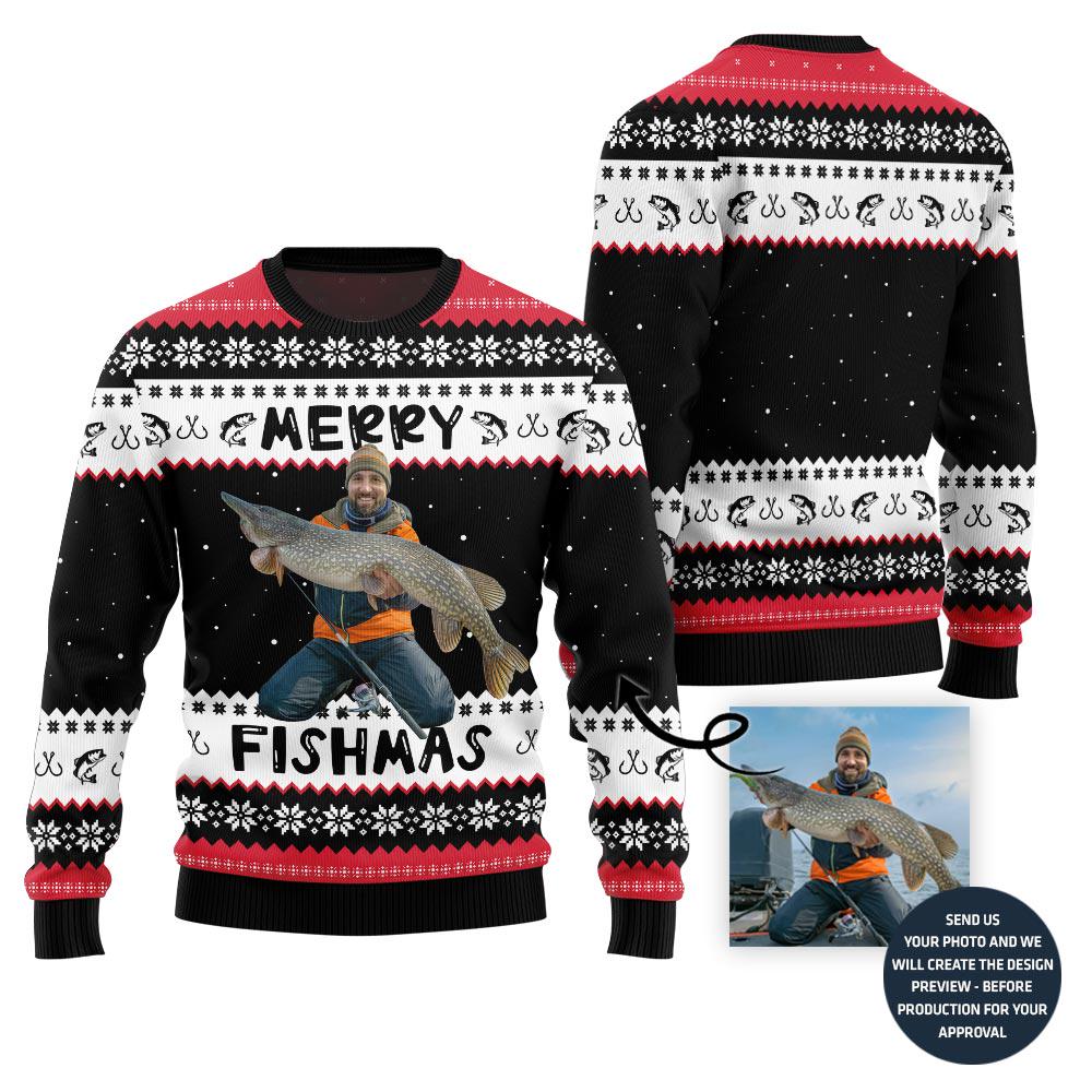 Black body of the orange-vest pike Merry Fishmas sweater