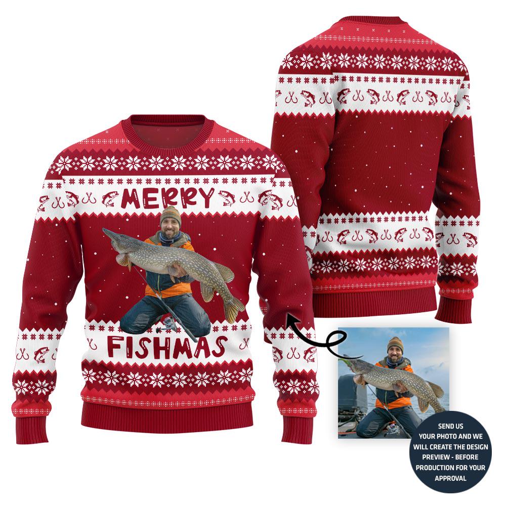 Red body of the Merry Fishmas orange vest sweater