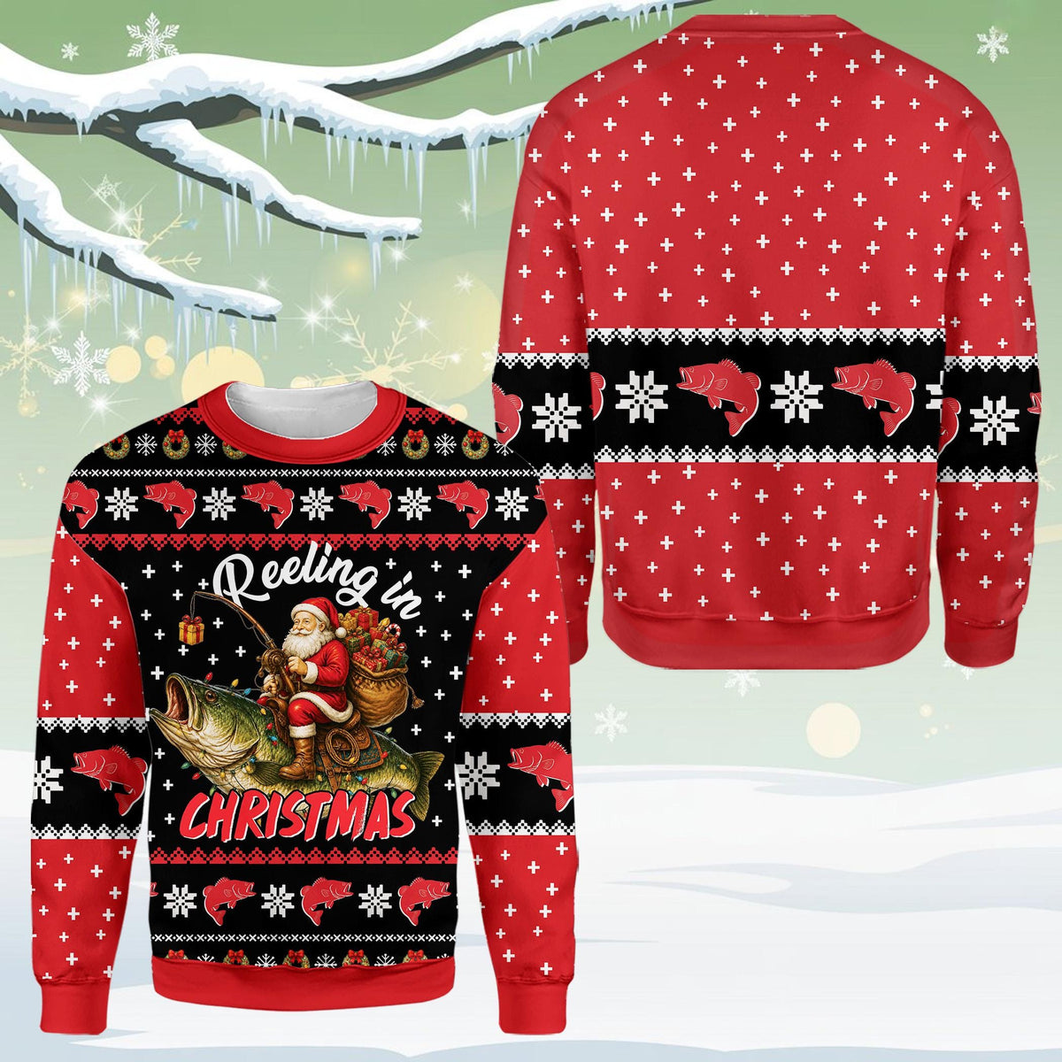 Flat front and back of a red ugly Christmas sweater with Santa riding a lighted bass and the words Reeling in Christmas