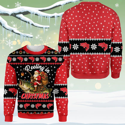 Flat front and back of a red ugly Christmas sweater with Santa riding a lighted bass and the words Reeling in Christmas