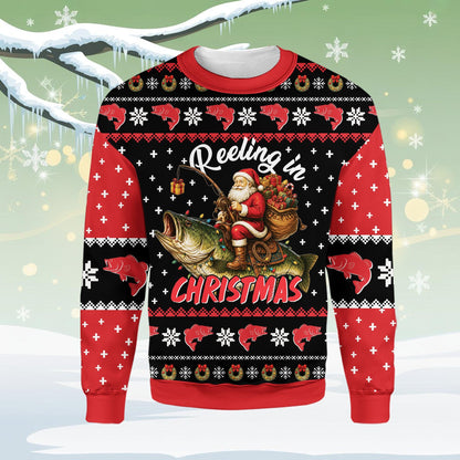 Front flat of the Reeling in Christmas sweater, Santa seated on a largemouth bass