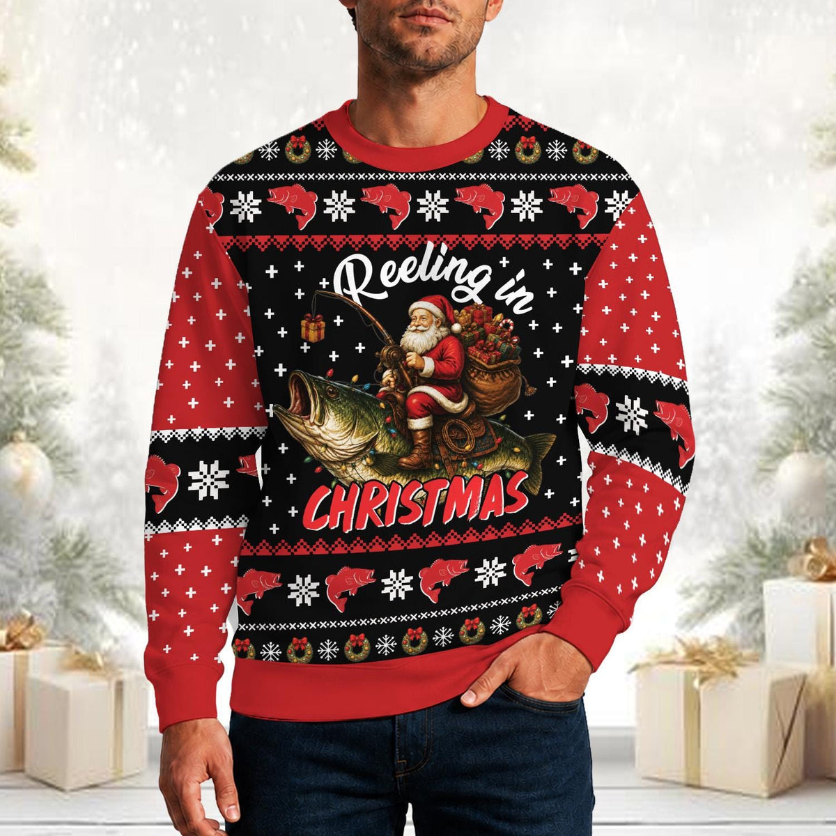 Man wearing the red Reeling in Christmas bass sweater