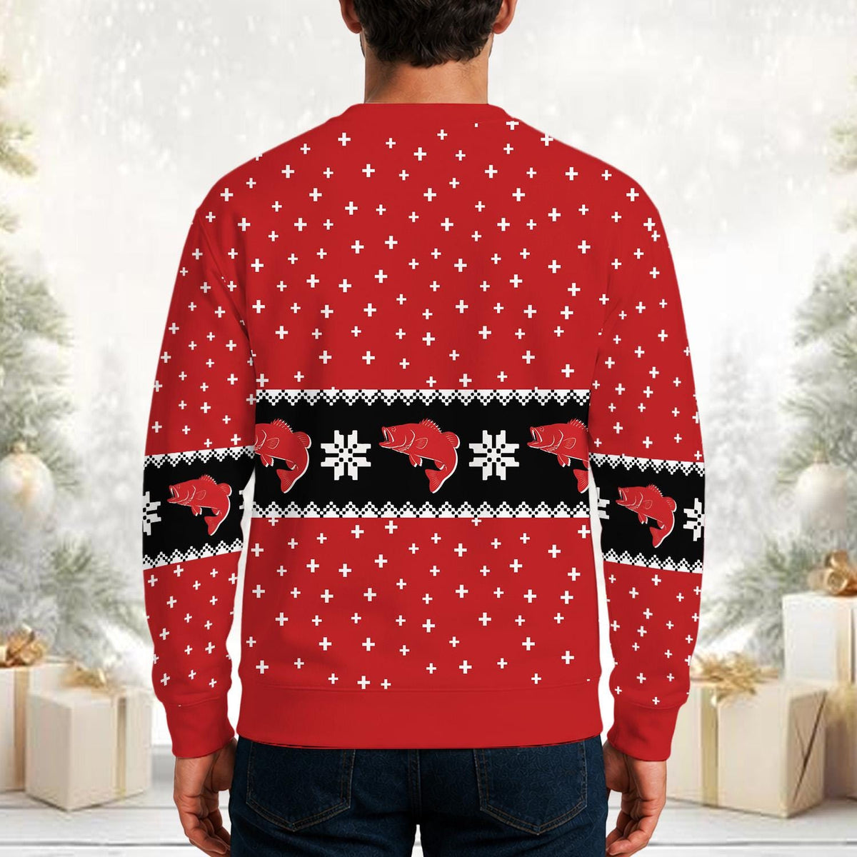 Back of the red Christmas sweater with fish and snowflake bands