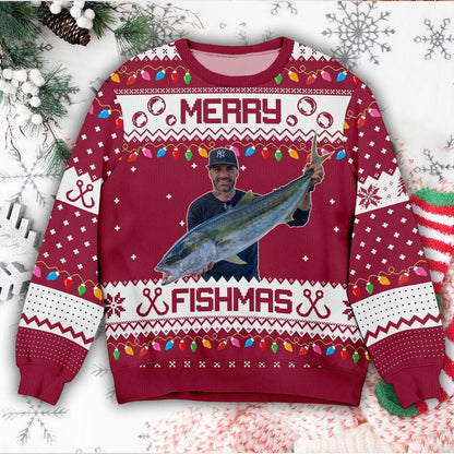 Maroon Merry Fishmas sweater with the angler photo, fishhooks, and light strings