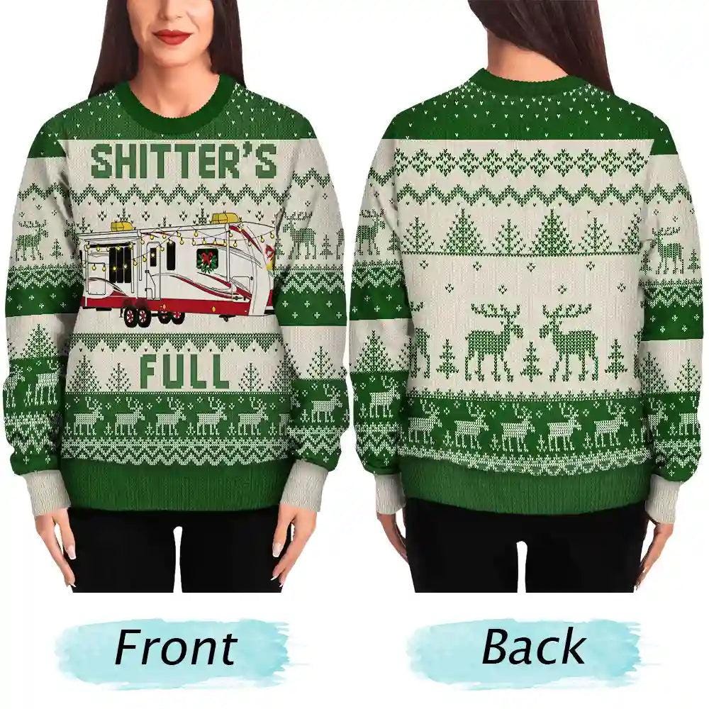 Front and back worn views of the green Shitter's Full RV sweater