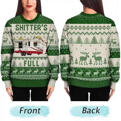 Front and back worn views of the green Shitter's Full RV sweater