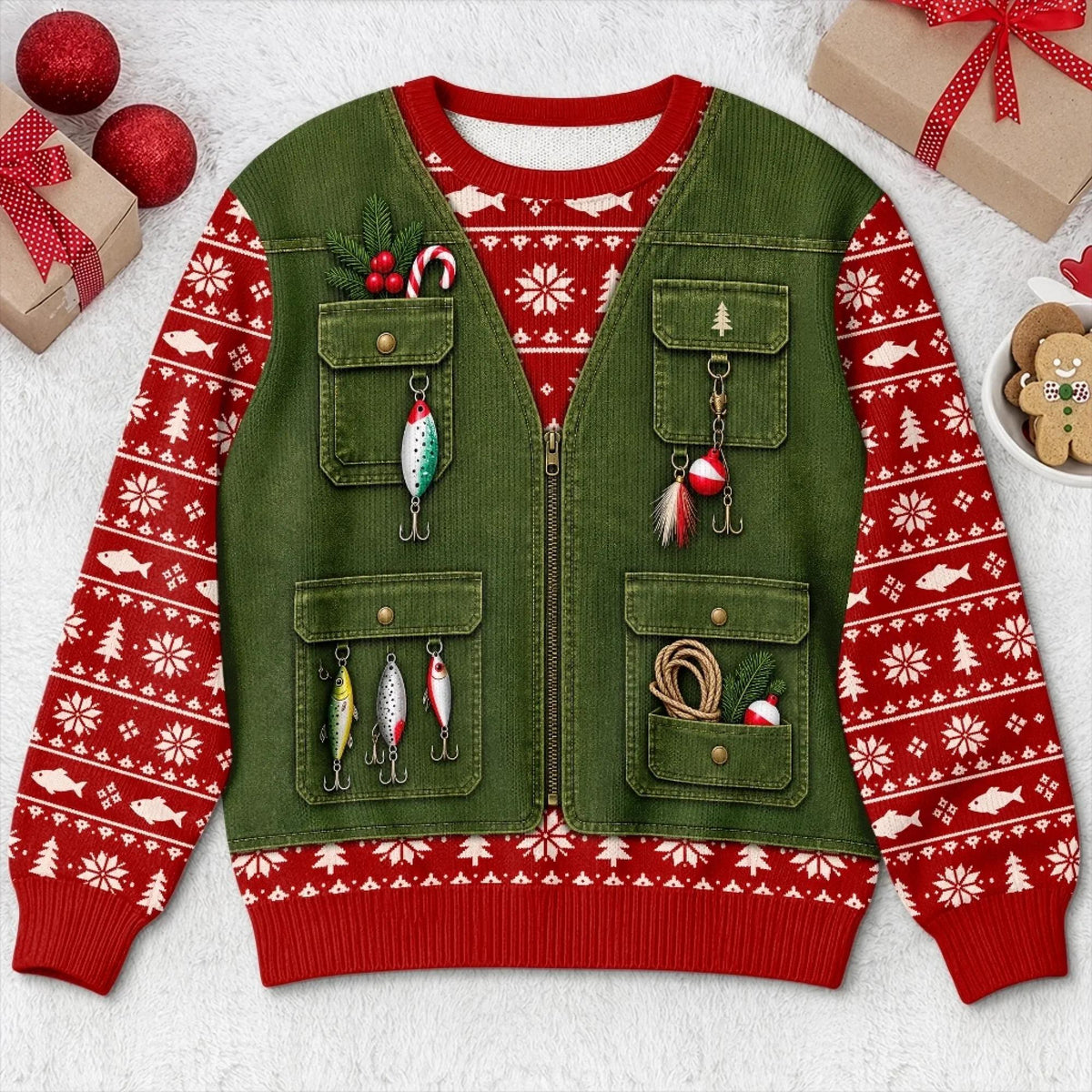 Front flat of a sweater printed like a green fishing vest with lures and a candy cane