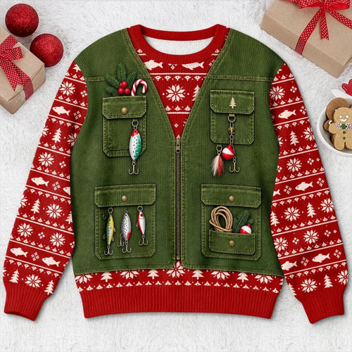 Front flat of a sweater printed like a green fishing vest with lures and a candy cane