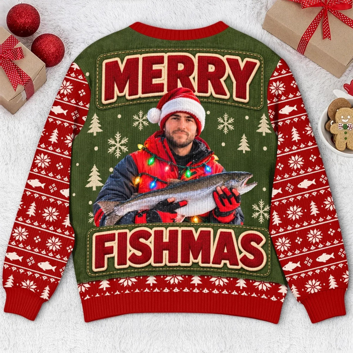 Back flat reading Merry Fishmas around a photo of an angler in a Santa hat holding a trout