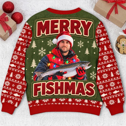 Back flat reading Merry Fishmas around a photo of an angler in a Santa hat holding a trout