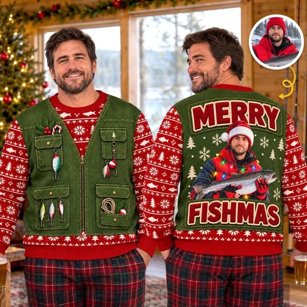 Front and back view of the fishing vest sweater with Merry Fishmas on the back