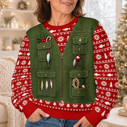 Woman wearing the green fishing-vest side of the Merry Fishmas sweater