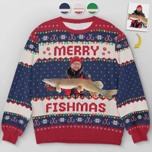 Navy Merry Fishmas sweater with a photo of an angler in a red beanie holding a pike