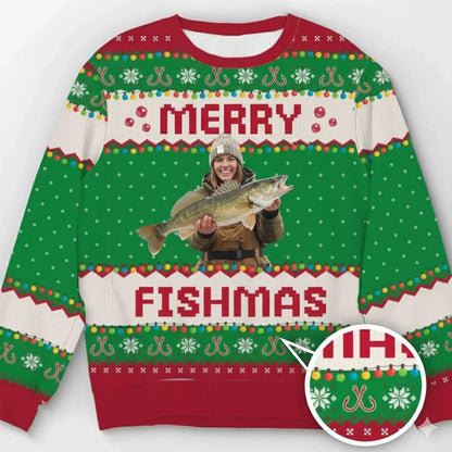 Green Merry Fishmas sweater with a woman in a gray beanie holding a walleye