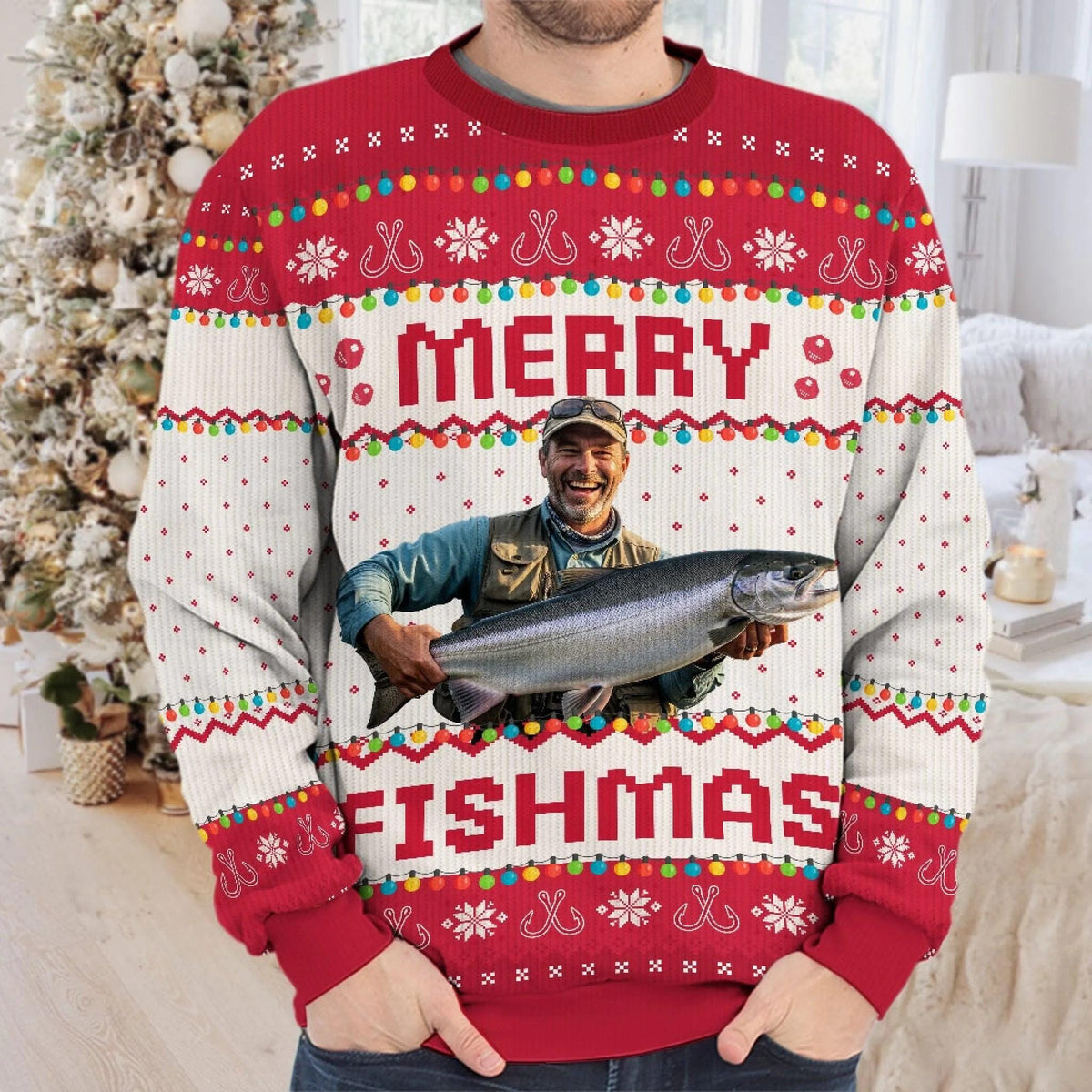 Man wearing a red Merry Fishmas sweater with a salmon photo on the chest