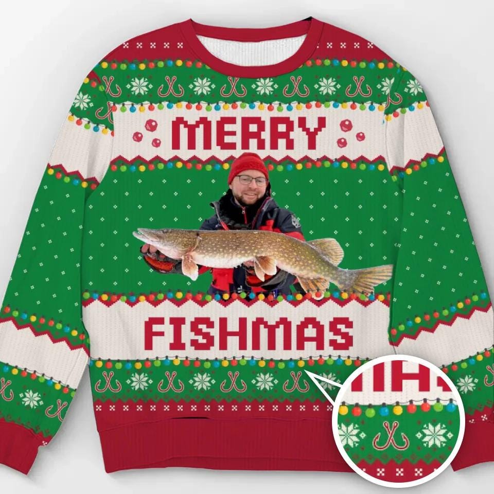 Green flat of the pike photo Merry Fishmas sweater with a hook close-up