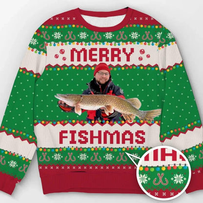 Green flat of the pike photo Merry Fishmas sweater with a hook close-up