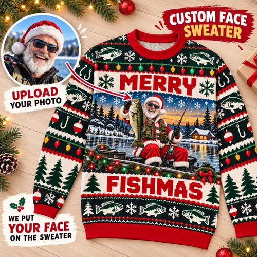 Flat of a Merry Fishmas sweater with Santa fishing from a boat and holding a bass
