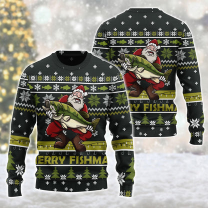 Flat front and back of a black ugly Christmas sweater with Santa hugging a large green bass