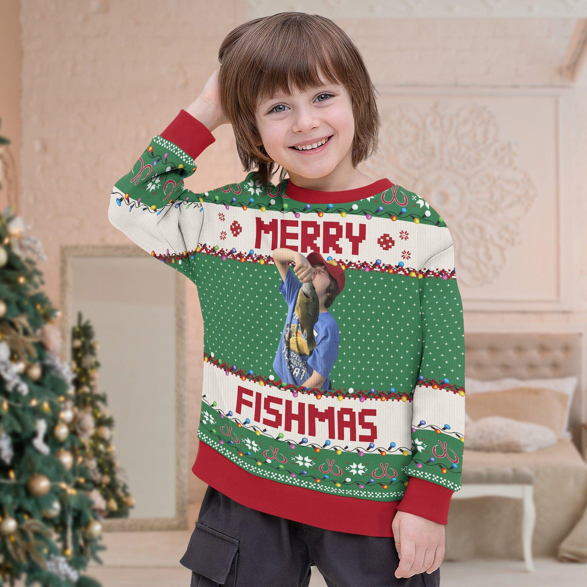 Green Merry Fishmas sweater with a printed photo of a young angler and a small fish