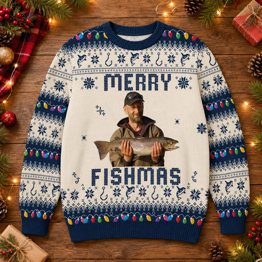 Navy Merry Fishmas sweater with a photo of a man in a cap holding a trout
