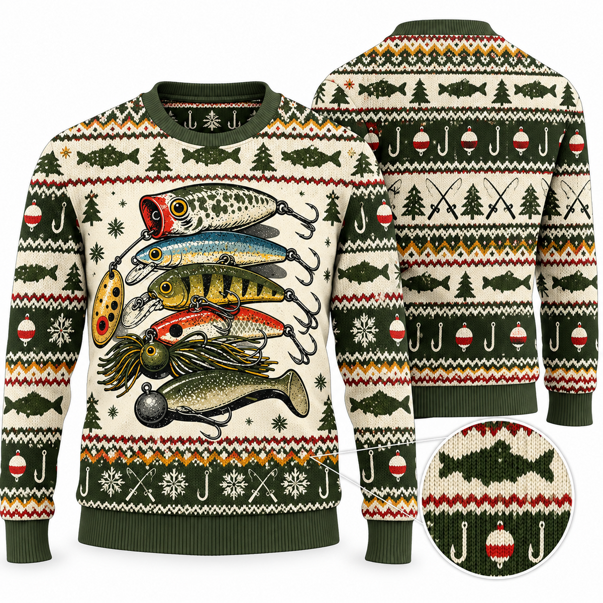 Front and back of an ugly Christmas sweater stacked with six fishing lures, hooks, and bobbers