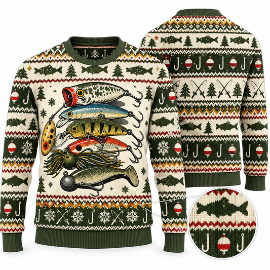 Front and back of an ugly Christmas sweater stacked with six fishing lures, hooks, and bobbers
