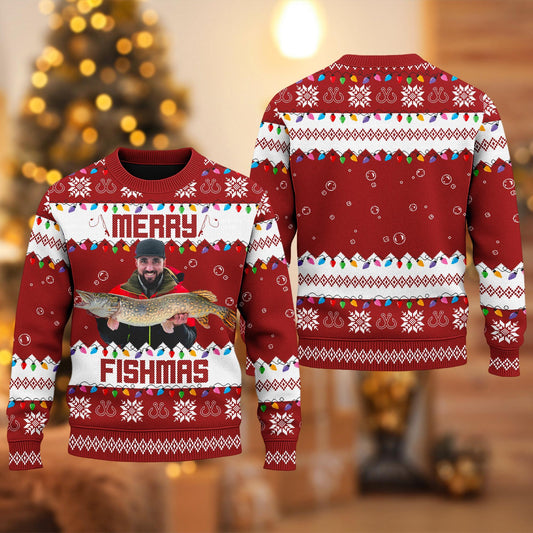 Red Merry Fishmas sweater with a photo of an angler in a red jacket holding a pike