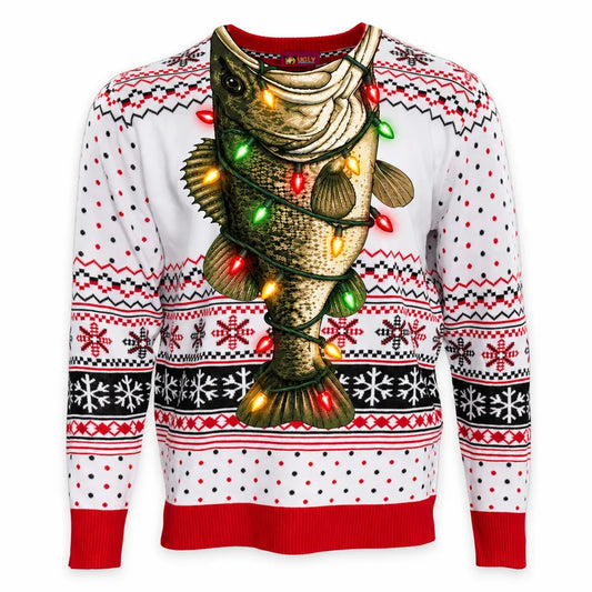 Front flat of an ugly Christmas sweater with a largemouth bass wrapped in Christmas lights