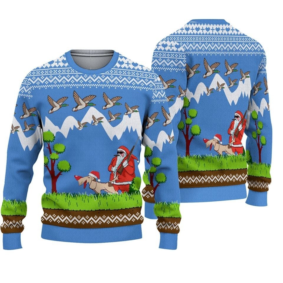Front and back of a light blue sweater with Santa, sunglasses, a shotgun, and a dog in a Santa hat