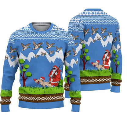 Front and back of a light blue sweater with Santa, sunglasses, a shotgun, and a dog in a Santa hat