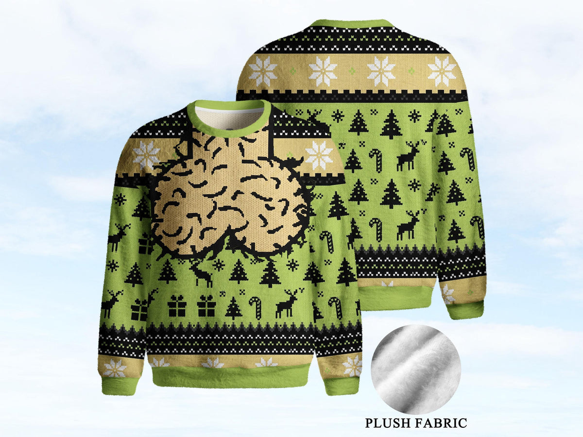 Green front and back flats of a holiday sweater with a large tan brain graphic