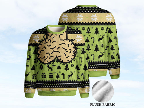 Green front and back flats of a holiday sweater with a large tan brain graphic