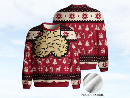Burgundy front and back flats of the tan brain holiday sweater