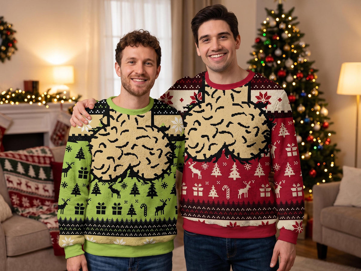 Two men wearing the green and burgundy brain knit sweaters