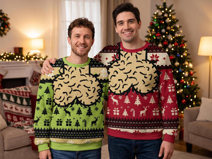 Two men wearing the green and burgundy brain knit sweaters
