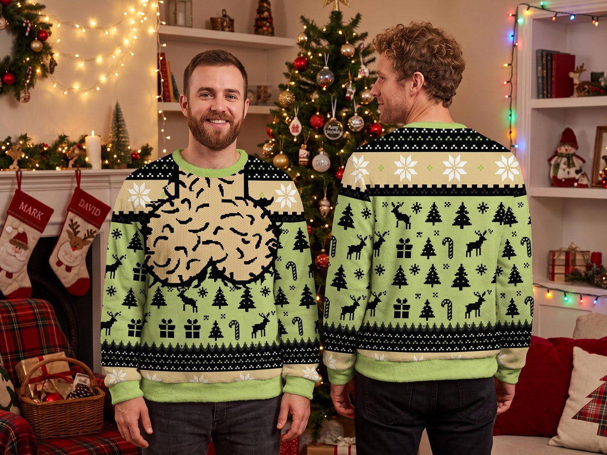 Front and back worn views of the green brain knit sweater