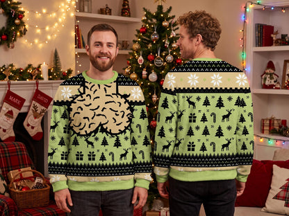 Front and back worn views of the green brain knit sweater