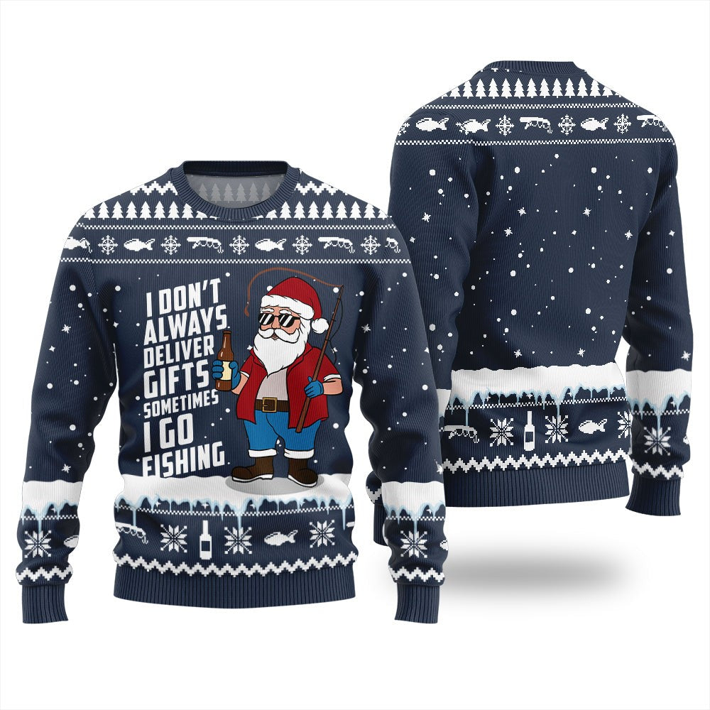 Front and back of a navy sweater with Santa holding a bottle and a fishing rod