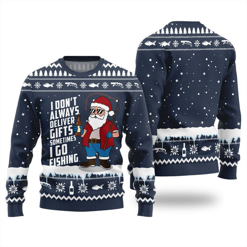 Front and back of a navy sweater with Santa holding a bottle and a fishing rod