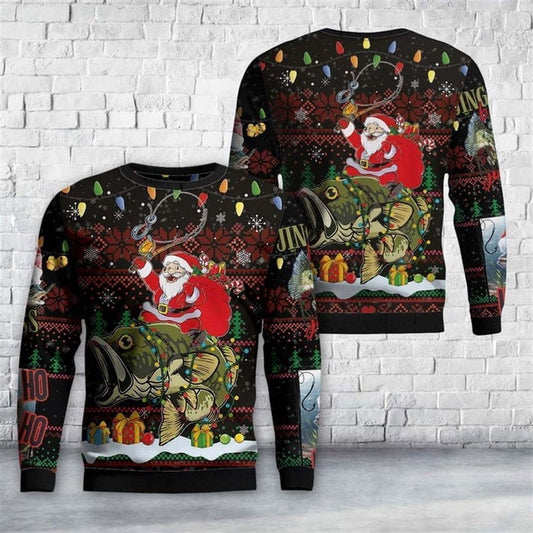 Front and back of a black sweater with Santa riding a lighted bass and partial Ho Ho Ho lettering