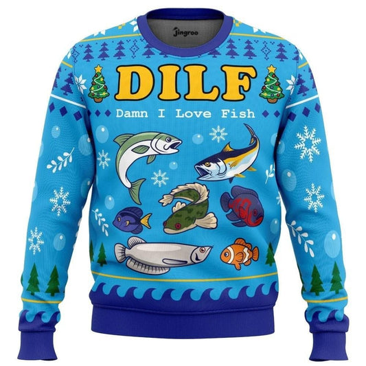 Front flat of a blue sweater reading DILF Damn I Love Fish among cartoon fish