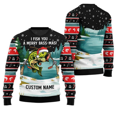 Black ugly Christmas sweater reading I Fish You a Merry Bass-Mas, with Custom Name printed on the snow