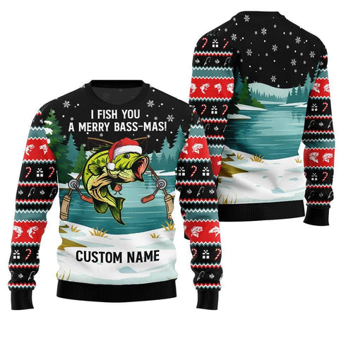Black ugly Christmas sweater reading I Fish You a Merry Bass-Mas, with Custom Name printed on the snow