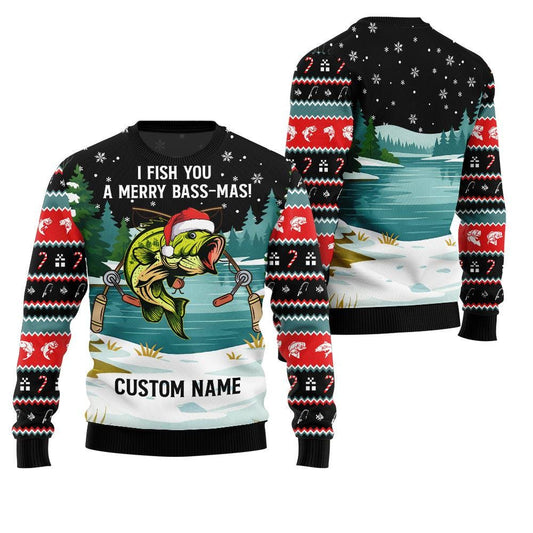Black ugly Christmas sweater reading I Fish You a Merry Bass-Mas, with Custom Name printed on the snow