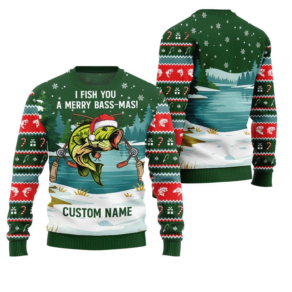 Green sweater body with the same I Fish You a Merry Bass-Mas lake scene