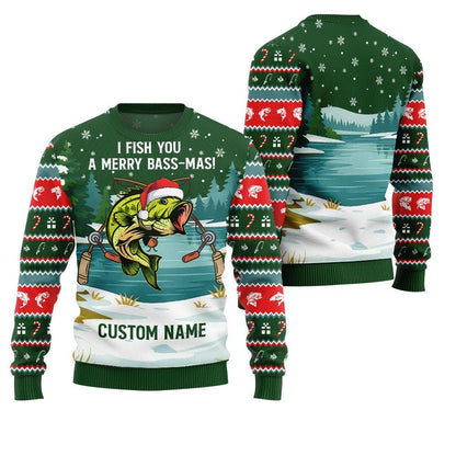 Green sweater body with the same I Fish You a Merry Bass-Mas lake scene