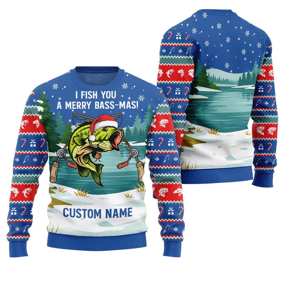 Blue sweater body showing the Santa-hat bass and two fishing rods